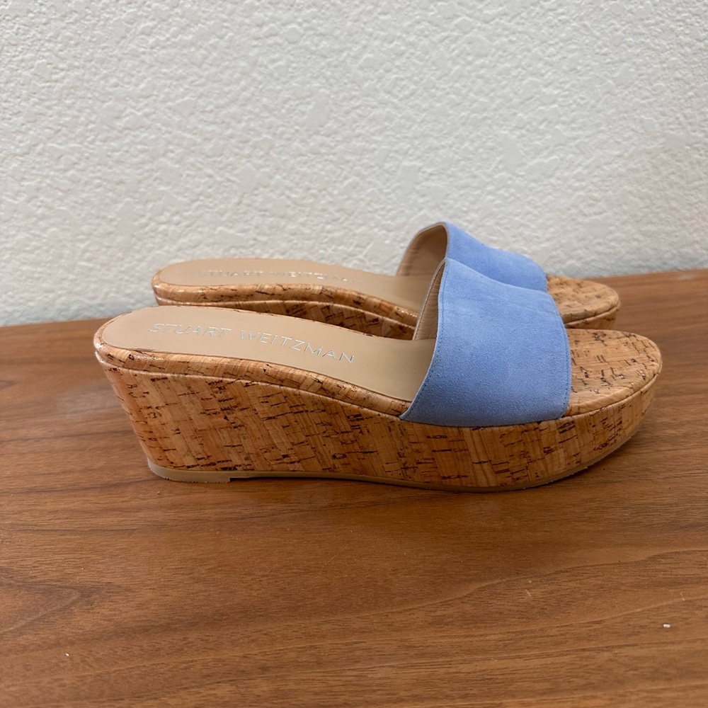 Stuart Weitzman Blue Suede Cork Platform Wedge Sandals‎ Slides Made in Spain 8.5